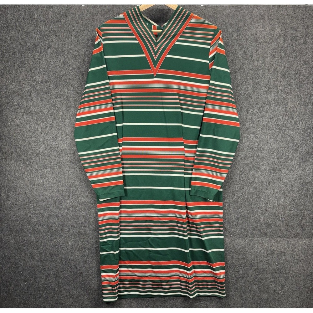True Vintage 60s 70s V Neck Long Sleeve Dress Green Orange Chevron Shift Mod MCM